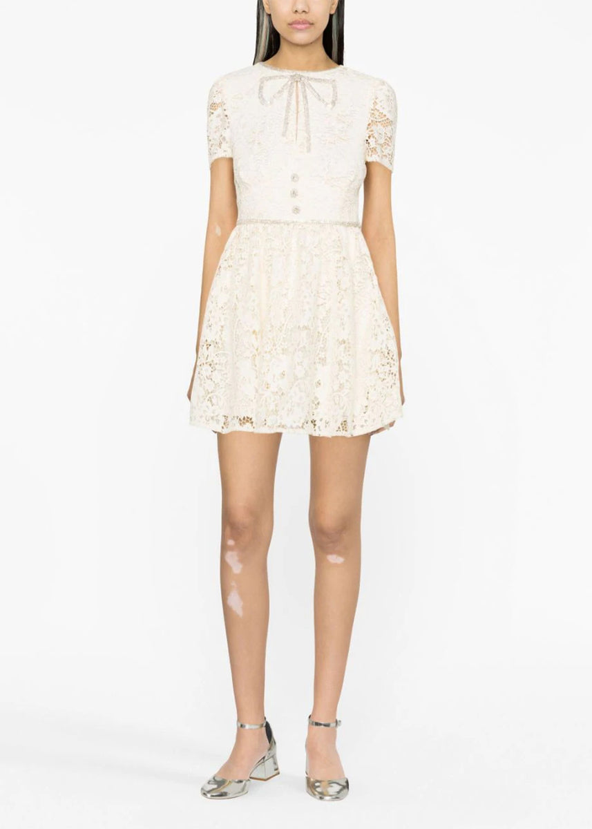Cream Cord Lace Bow Mini Dress | LEISURE CENTER Cream Cord Lace Bow Mini Dress | LEISURE CENTER