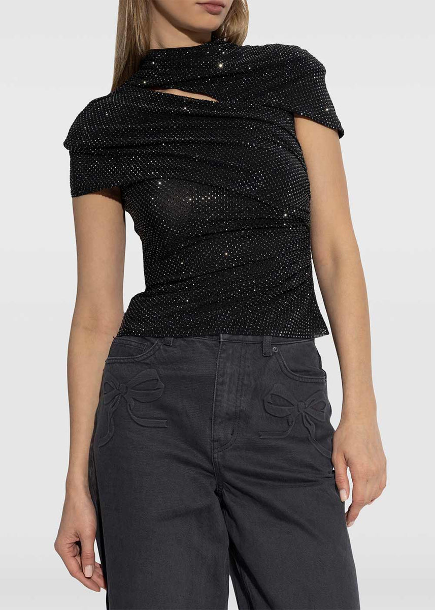 CUT OUT RHINESTONE SHIRT - BLACK