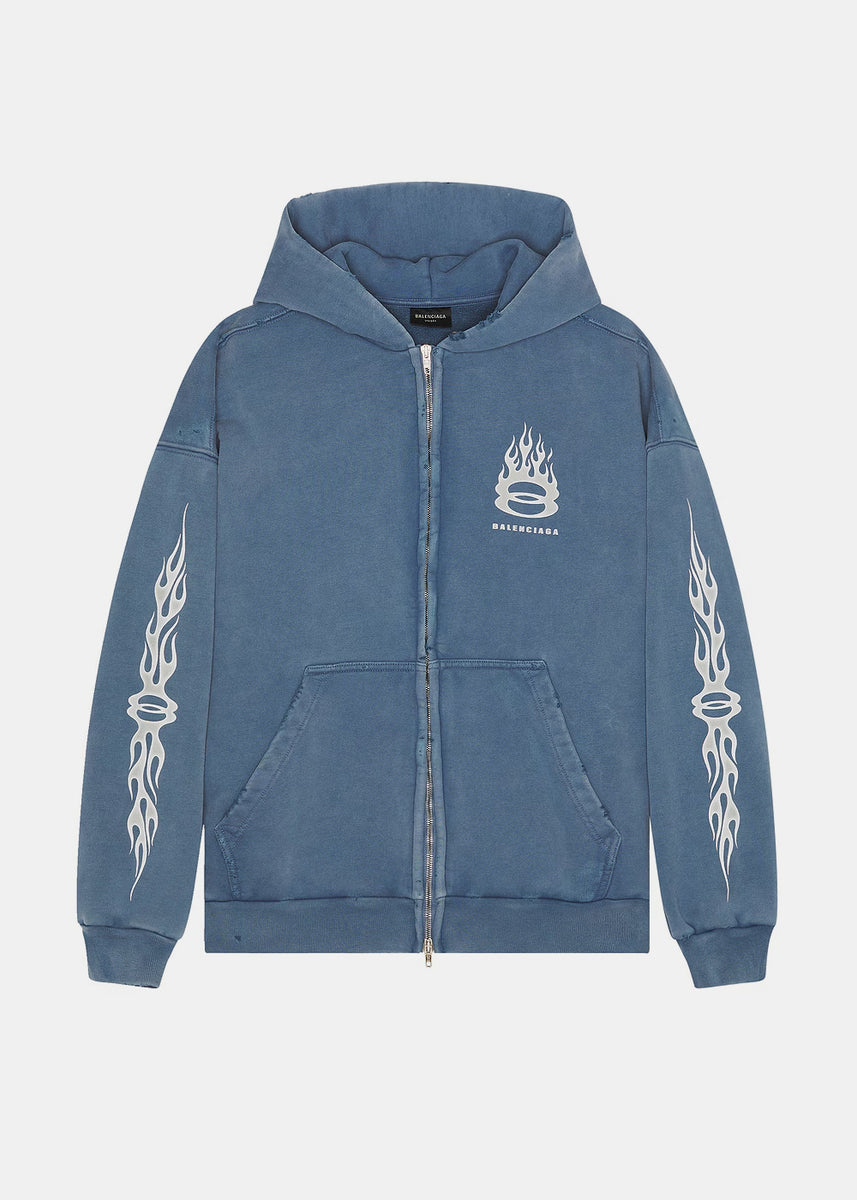 Washed Blue Burning Unity Zip-Up Hoodie | LEISURE CENTER