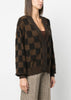 Brown Checkerboard-Knit V-Neck Cardigan