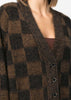 Brown Checkerboard-Knit V-Neck Cardigan